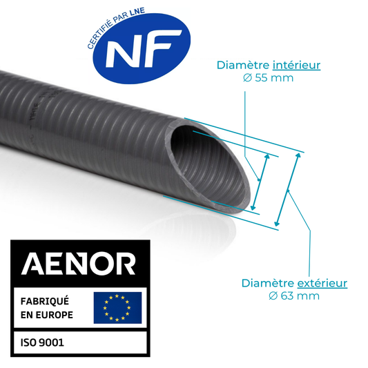 Couronnes Tuyau Piscine PVC Pression Souple Semi-Rigide à coller diamètre 63mm