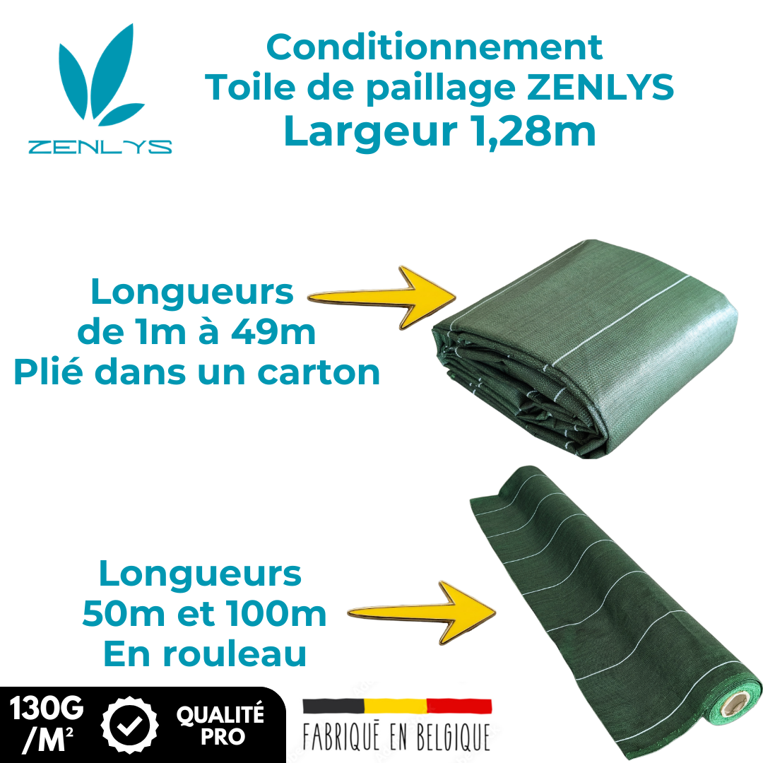 Toile de paillage Verte 130g/m² / Largeur 1,28m / Longueur : 5m, 10m, 15m, 20m, 25m, 50m ou 100m