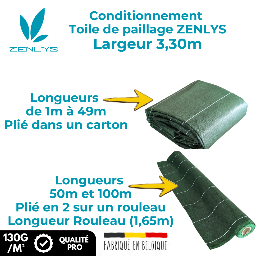 Toile de paillage Verte 130g/m² / Largeur 3,30m / Longueur : 5m, 10m, 15m, 20m, 25m ou 50m