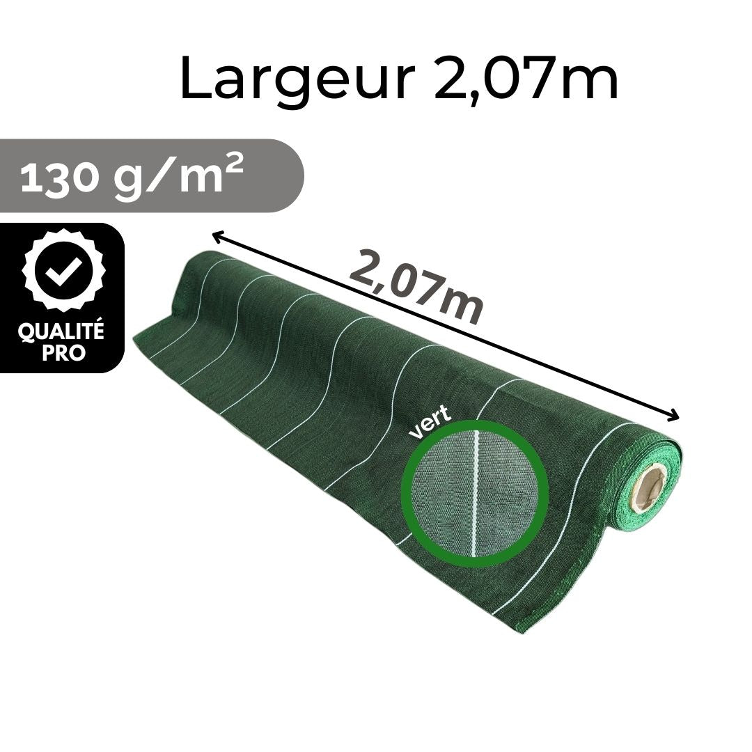 Toile de paillage Verte 130g/m² / Largeur 2,07m / Longueur : 5m, 10m, 15m, 20m, 25m, 50m ou 100m