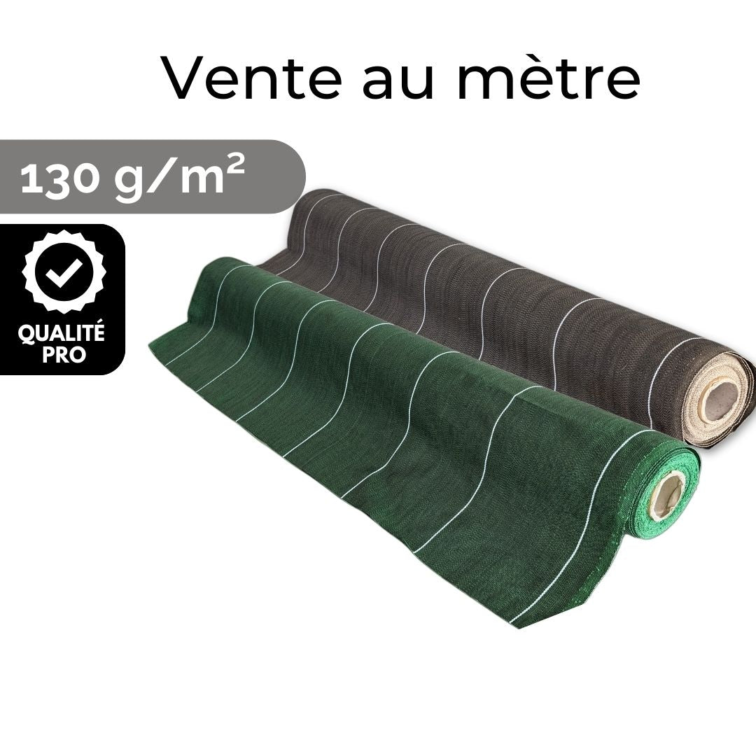 Vente au mètre / Toile de paillage marron ou vert 130g/m² / Largeurs 1,28m / 1,38m / 2,07m / 2,20m / 3,3m / 4,15m / 5,15m