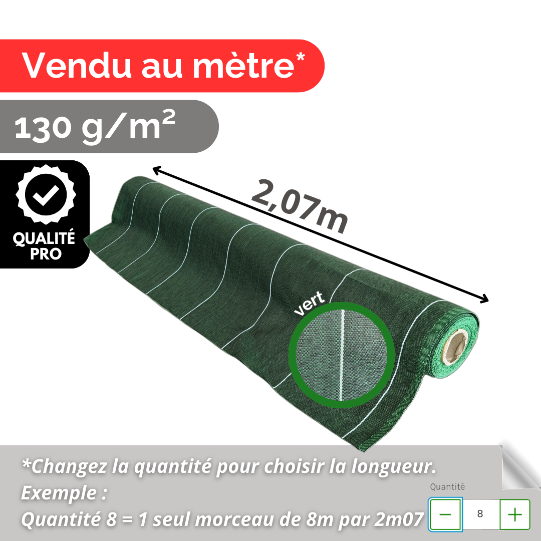 Vente au mètre / Toile de paillage marron ou vert 130g/m² / Largeurs 1,28m / 1,38m / 2,07m / 2,20m / 3,3m / 4,15m / 5,15m