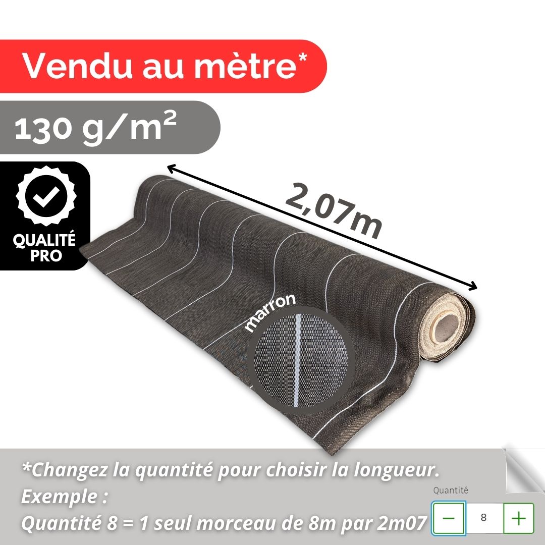 Vente au mètre / Toile de paillage marron ou vert 130g/m² / Largeurs 1,28m / 1,38m / 2,07m / 2,20m / 3,3m / 4,15m / 5,15m