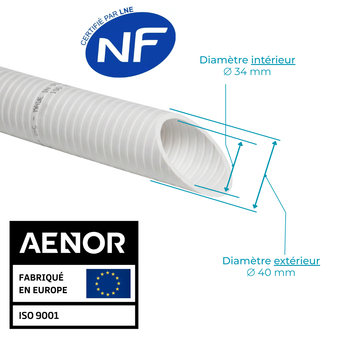 Couronnes Tuyau Piscine PVC Pression Souple Semi-Rigide à coller diamètre 40mm