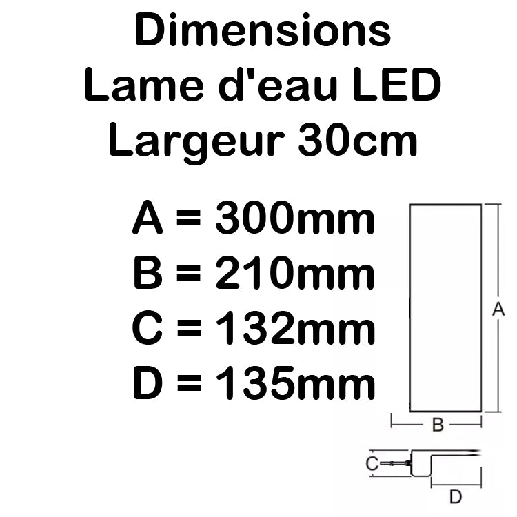 Lame d'eau acrylique LED encastrée 13,5cm débord / Entrée d'eau dessous / Largeur 30cm