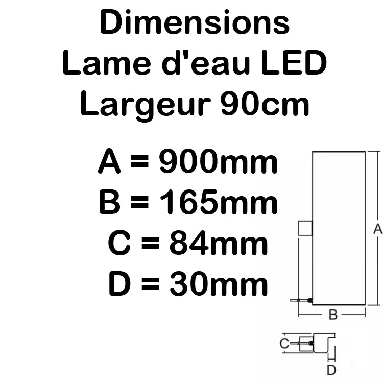 Lame d'eau acrylique LED encastrée 3cm débord / Entrée d'eau derrière / Largeur 30cm